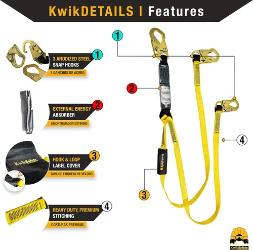 Vista 2 de KwikSafety – Familia rattler, incluye 2 paquetes, 4 paquetes, combo, kit Cordón de seguridad de una sola pierna con amortiguador interno, anclaje