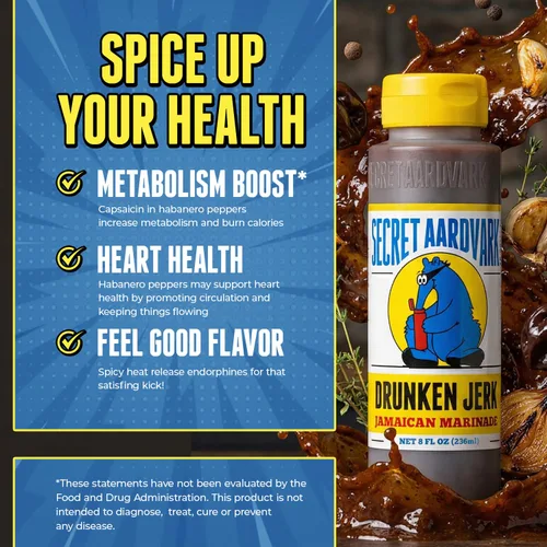 Vista 8 de Secret Aardvark Drunken Jerk Marinade, Habanero, sin OMG, bajo en carbohidratos, 8 onzas líquidas Condimento Jerk Pimientos Habaneros Salsa BBQ
