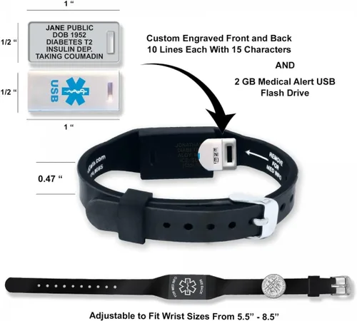 Vista 2 de Pulsera Elite II USB Plus de alerta médica. Pulsera de identificación con memoria USB impermeable de 2 GB, grabado personalizado de 10 líneas