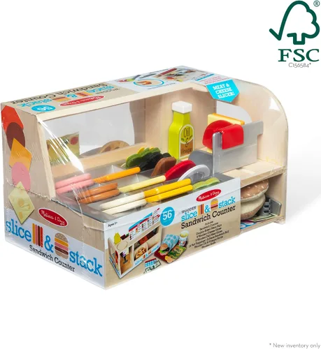 Vista 12 de Melissa & Doug Slice-Stack-Serve, mostrador de sándwiches de madera, tienda de juego de simulación con comida de juguete, dinero de juguete