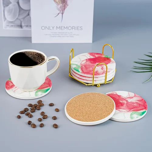 Vista 2 de Posavasos para bebidas con soporte dorado, juego de posavasos absorbentes de mármol con base de corcho para protección de mesa
