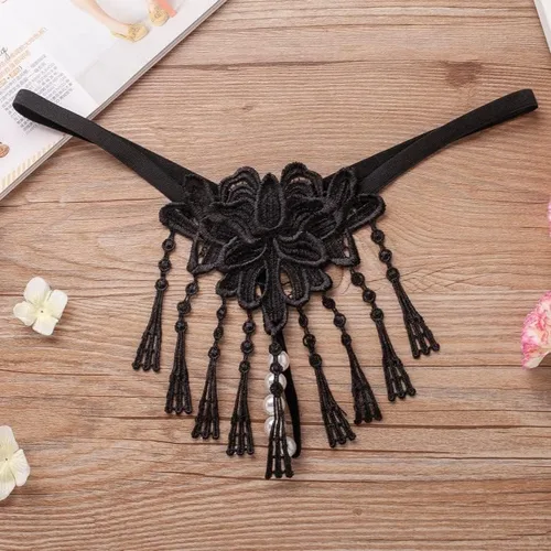 Vista 2 de Tangas de encaje sexy con borlas de perlas para mujer, ropa interior de tiro bajo con espalda en T