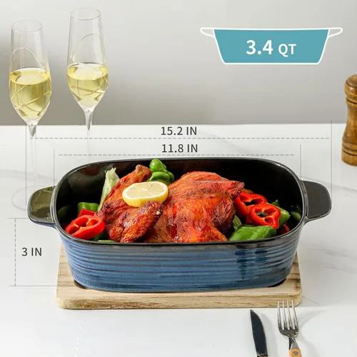 Vista 2 de Plato de cerámica para hornear, cacerola de 8.7 x 15.2 pulgadas con asas, bandeja rectangular profunda para lasaña para asar y hornear, utensilios