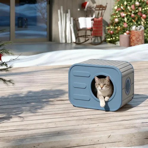 Vista 4 de Casa para gatos al aire libre, resistente a la intemperie, refugio de plástico resistente para gatos para exteriores e interiores, casa para gatos