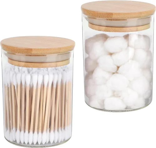 Vista 11 de BKYFPQ Juego de 2 dispensadores de vidrio para Qtip - Tarros de boticario con tapas, organizador de maquillaje de tocador y organizador