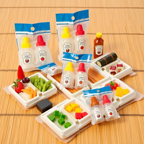 Vista 3 de 4 pares de mini botellas de ketchup para accesorios de caja Bento, 0.8 onzas líquidas, botellas vacías de salsa de tomate japonesa para aderezo