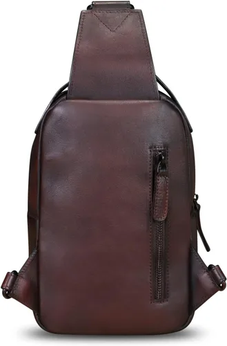 Vista 3 de LRTO Bolso de cuero genuino para hombres y mujeres, mochila bandolera de cuero real para el pecho, bolso cruzado, Café, Mochilas Sling