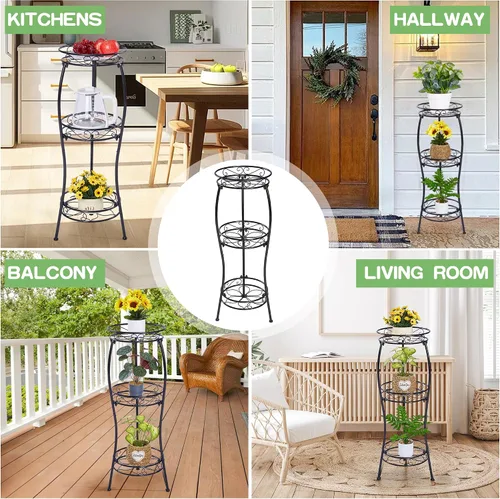Vista 4 de VECELO Soporte de metal para plantas de 3 niveles para interiores, resistente al óxido, estable de 33.8 pulgadas de alto, soporte decorativo