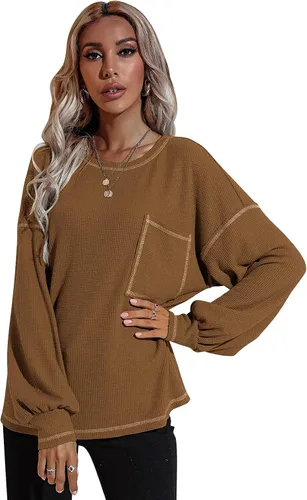 Vista 3 de LAO POPO Women's Long Sleeve Casual Round Neck Sweatshirt Pullover Loose Solid Color Top Pocket T-Shirt