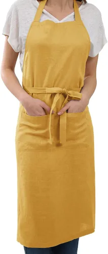 Vista 8 de Amazhiyu Delantal de cocina de lino puro con bolsillos para mujeres y hombres, cocinero, barbacoa, manualidades