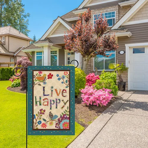 Vista 5 de Hzppyz Live Happy - Bandera decorativa pequeña para jardín con flores, pájaro, primavera y verano, cita inspiradora para casa, patio, decoración