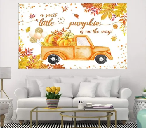 Vista 4 de Telón de fondo para baby shower, con texto en inglés "A Sweet Little Pumpkin is On The Way", decoración de fiesta, decoración de otoño, fotografía
