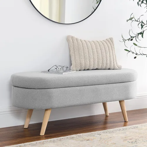 Vista 4 de Otomana de almacenamiento tapizada, banco de entrada con patas de madera de goma para sala de estar, dormitorio, gris