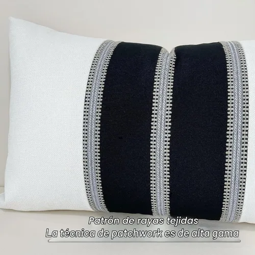 Vista 2 de Slow Cow - Juego de 2 fundas de cojín decorativas de lino en patchwork blanco roto y negro, funda de almohada rectangular para sofá, lumbar de 12 x
