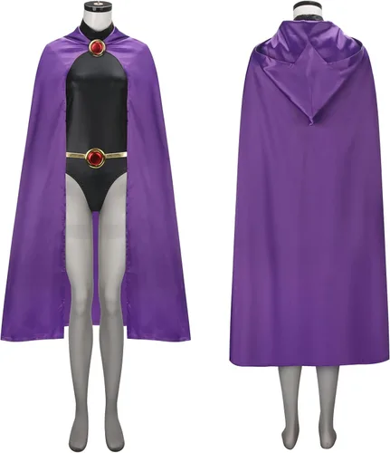 Vista 5 de Disfraz de cuervo para mujer, overol negro con capa morada con capucha, capa y cinturón, traje de Halloween, fiesta de cosplay