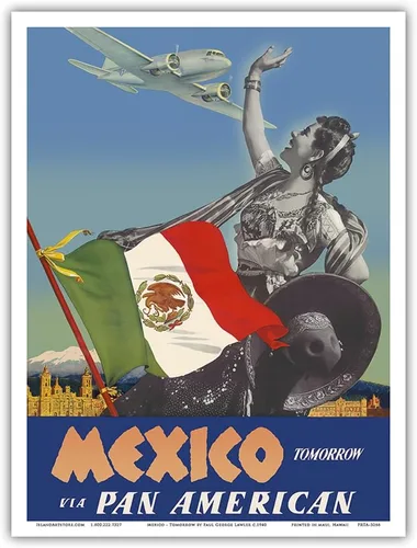 Vista 10 de México – Mañana – via Pan American Airways (PAA) – Bandera de México – Póster vintage de viaje de aerolínea por Paul George Lawler c.1940