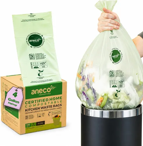 Vista 10 de ANECO Bolsas de basura 100% compostables para el hogar (bolsas de basura de 1.6 galones, 50 unidades), pequeñas bolsas de compost de cocina