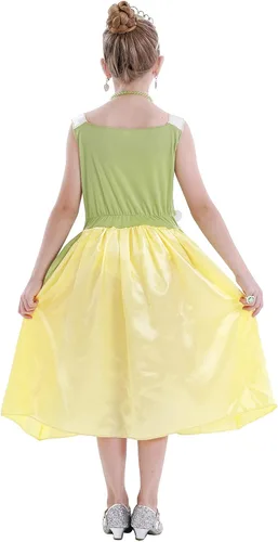 Vista 3 de WonderBabe Vestido de princesa de rana verde para niñas, Halloween, fiesta de cumpleaños, cosplay, con accesorios