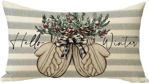 Vista 8 de Hello Winter Mitten - Funda de almohada decorativa gris de 16 x 16 pulgadas, guante, bayas rojas, rayas grises, porche, decoración del hogar al aire