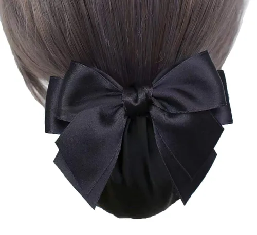 Vista 2 de Pinza profesional para el cabello, pasador de cinta negra con cubierta de moño, decoración de nudo de lazo y red para moños