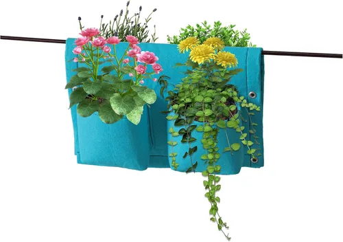 Vista 6 de VegTrug Jardinera de fieltro para balcón/riel, 4 bolsillos, color negro x3 Balcony rail planter, 4 pocket design, railing herb garden, flowers and