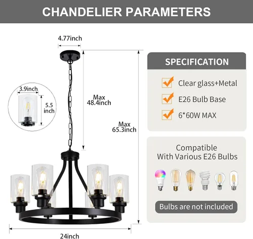 Vista 3 de lámpara de araña de granja de 6 luces con rueda de vagón, accesorios de luz colgante para comedor, sala de estar, isla de cocina, vestíbulo
