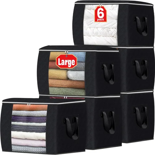 Vista 21 de Fab totes Paquete de 3 bolsas de almacenamiento plegables de tela gruesa, contenedores para organizar dormitorio, armario, ropa, edredón, Beige