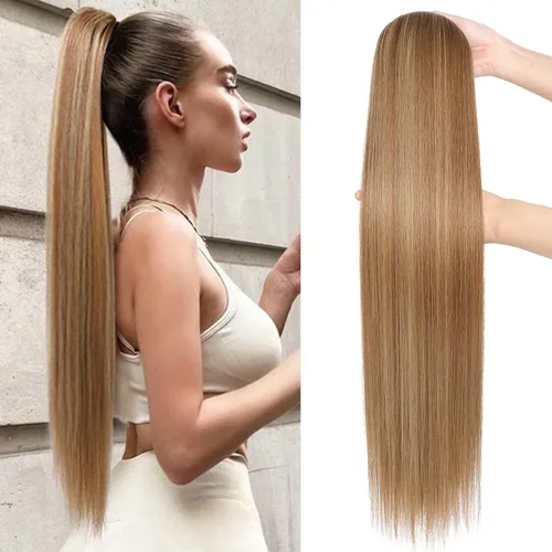 Vista 25 de SEIKEA Extensiones de cola de caballo con cordón, larga y recta, cola de caballo falsa, natural, suave, extensiones de cabello sintético resistente