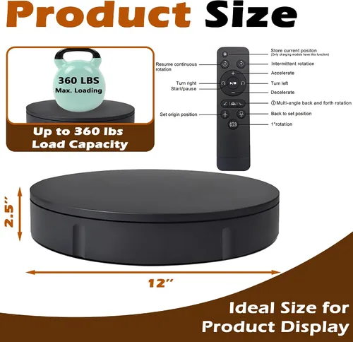 Vista 3 de Prolee Plataforma Giratoria de 360 Grados de 12 Pulgadas, Capacidad de 350 Libras para Fotografía, Resistente, Plataforma de Exhibición con Control