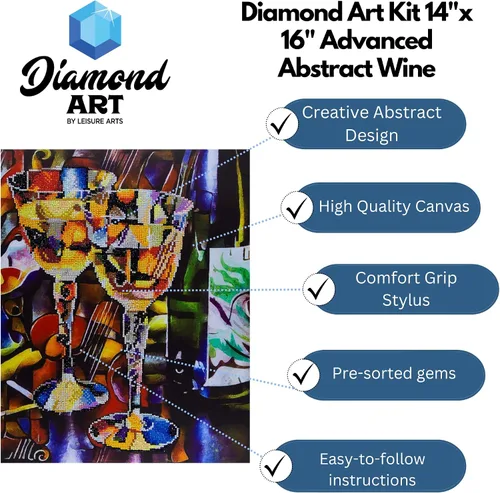Vista 2 de DIAMOND ART BY LEISURE ARTS Kits de pintura de diamantes para adultos de 14 x 16 pulgadas, vino abstracto avanzado, taladro completo, kits de arte