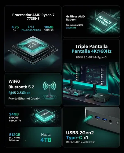 Vista 2 de ACEMAGIC K1 Gaming Mini PC Ryzen 7 7735HS 24GB 512GB SSD Windows 11 Pro