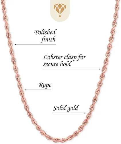 Vista 3 de 14k SOLID Yellow or White Or RosePink Gold 1.50mm Shiny Diamond-Cut Royal Solid Rope Chain Necklace for Pendants and Charms with Lobster-Claw Clasp