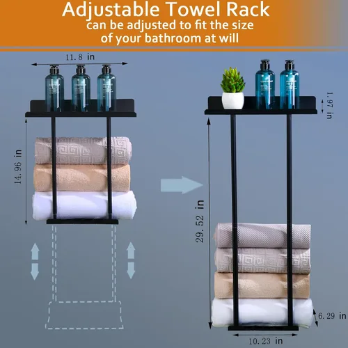Vista 3 de Toallero de metal para colgar en la pared del baño, toallero de baño negro para almacenamiento de toallas de baño con ganchos para colgar y estante
