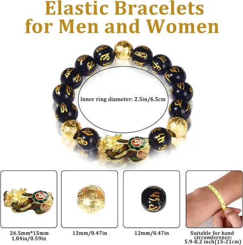 Vista 2 de Feng Shui Bracelet Obsidian Bracelet, 24k Gold Plated PiXiu Dragon Protection for Men Women, 12mm Mantra Prayer Beads Bracelets Meditation