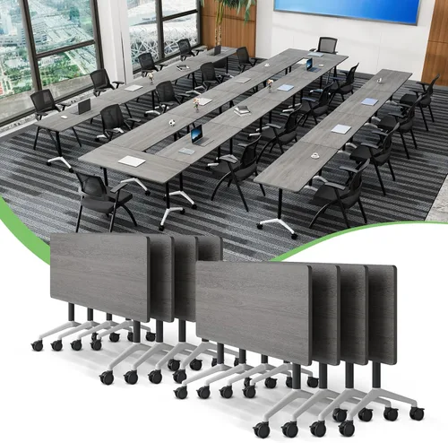 Vista 50 de Mesa de conferencias plegable con ruedas, mesa modular para sala de conferencias con 2 ojales para cables, mesas móviles de sala de reuniones