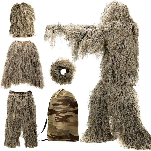 Vista 12 de DoCred Traje Ghillie 5 en 1, ropa de caza de camuflaje 3D con chaqueta, pantalones, capucha, bolsa de transporte para adultos/jóvenes, S/M/L/XL/XXL