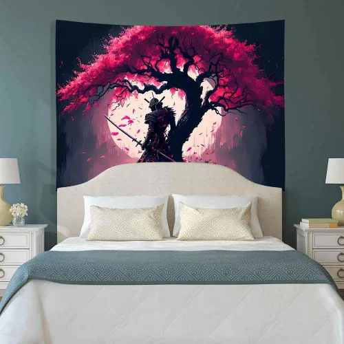 Vista 4 de Ine Ive GTDWIE0297 - Tapiz samurái japonés para estética de dormitorio, luna llena, árbol de cerezo, 40 x 30 pulgadas, arte japonés para dormitorio