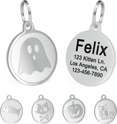 Vista 13 de Ultra Joys Etiquetas de nombre de gato grabadas personalizadas – Etiqueta de identificación de mascotas de acero inoxidable – Etiquetas