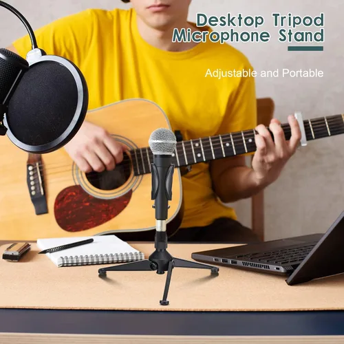 Vista 3 de Paquete de 3 soportes de micrófono de escritorio portátil plegable con soporte de clip para micrófono, altura ajustable, soporte de micrófono