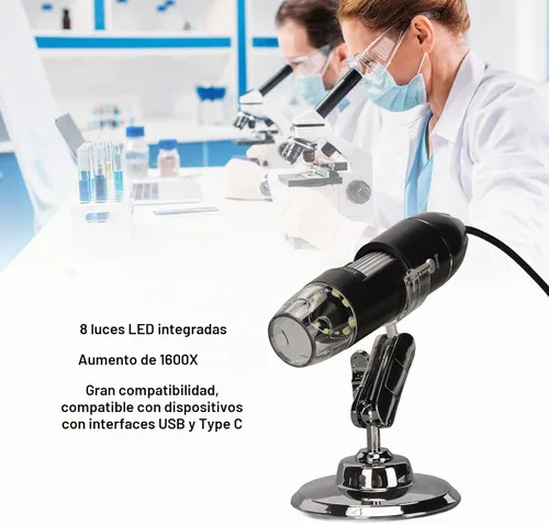 Vista 3 de Microscopio digital USB, aumento de 50X a 1600X con luz LED, portátil para teléfono inteligente y computadora, material ABS