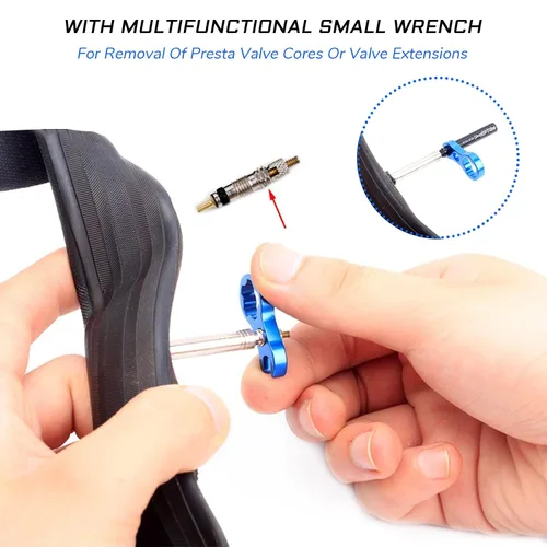 Vista 5 de Kit extensor de válvula Presta de bicicleta de 1.772 in con herramienta removedor de núcleo de válvula para bicicleta de montaña sin cámara