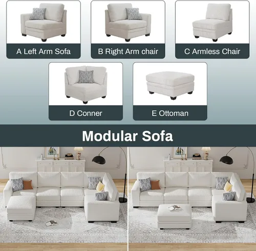 Vista 5 de Legend Vansen Sofá modular de gran tamaño, sofá reversible en forma de U con otomana, sofá de pana de asiento profundo para sala de estar, 6 plazas