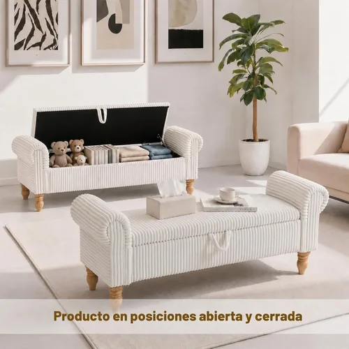 Vista 3 de Banco tapizado de pana de 55 pulgadas con brazos enrollados para dormitorio, color blanco