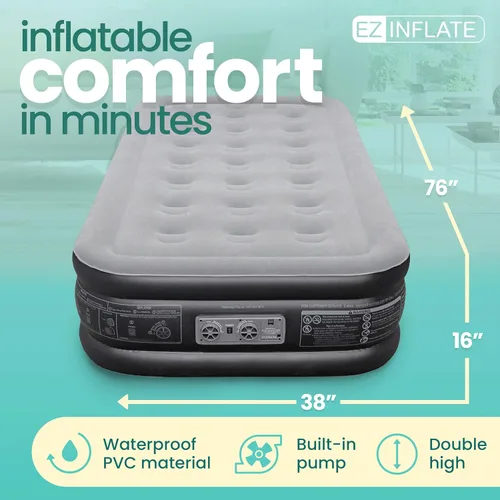 Vista 2 de Colchón de aire EZ INFLATE con bomba incorporada - Colchón inflable de tamaño individual doble-alto con parte superior aterciopelada - Fácil