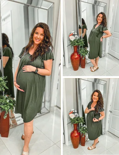 Vista 4 de Ekouaer 3 en 1 camisón de lactancia de maternidad vestido de hospitalparto vestido de hospital de manga acampanada plisado vestido de lactancia