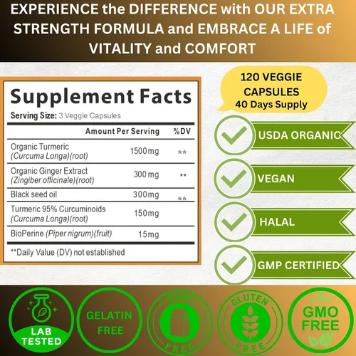 Vista 3 de World 1st.Aceite de cúrcuma Curcumina de jengibre y semillas negras, 120 cápsulas, 2250 mg, 95% curcuminoides, BioPerin añadido, extra fuerza