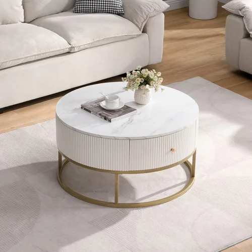 Vista 21 de KEVINSPACE Mesa auxiliar negra con borde dorado en la parte inferior, mesa de centro redonda para espacios pequeños, mesa auxiliar de madera mesita