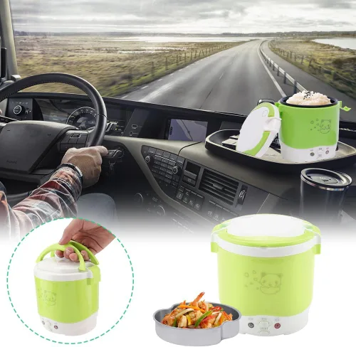 Vista 4 de 1L Mini olla arrocera 12V fiambrera eléctrica – Vaporizador de alimentos multifuncional portátil de viaje para coche, camping (verde)