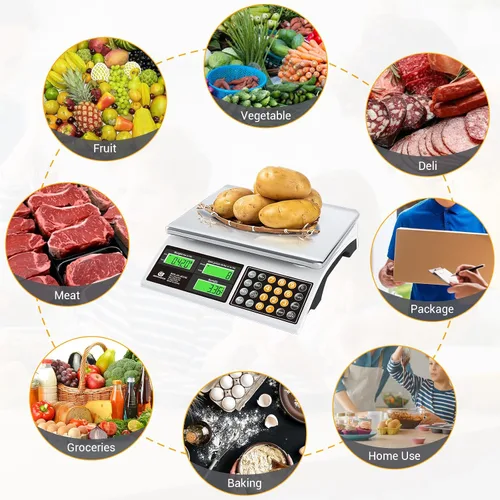 Vista 9 de Báscula de cálculo de precios, báscula digital de 66 libras para alimentos comerciales y productos de carne con retroiluminación verde LCD