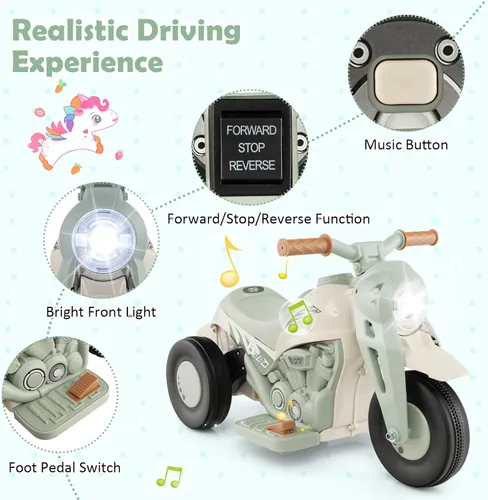 Vista 7 de Honey Joy Motocicleta de juguete, motocicleta para niños pequeños de 6 V con burbujas, luz LED, música, pedal de pie, adelante/atrás, motocicleta